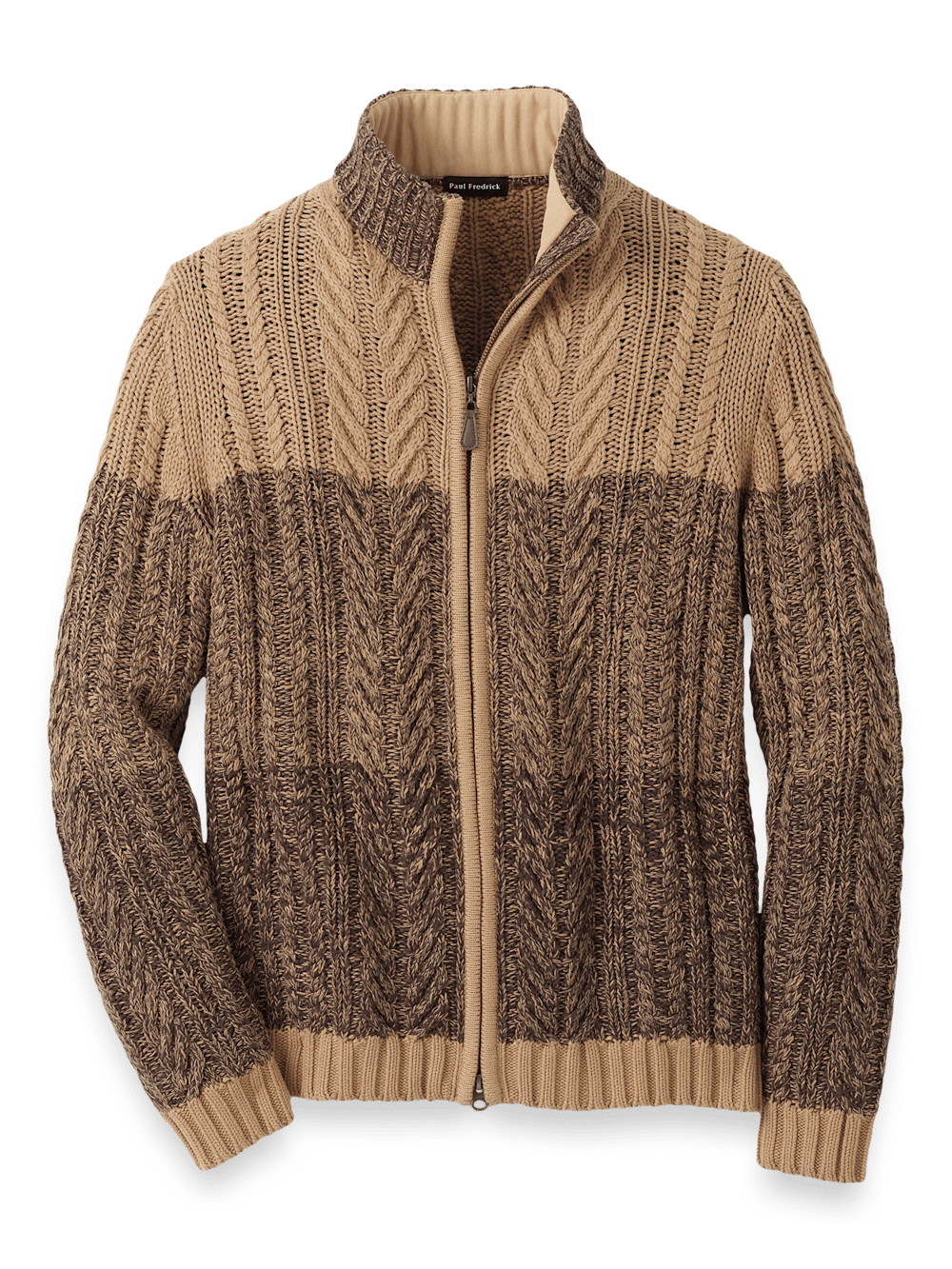 Cotton Cable Full Zip Mock Neck Sweater - Brown – Paul Fredrick