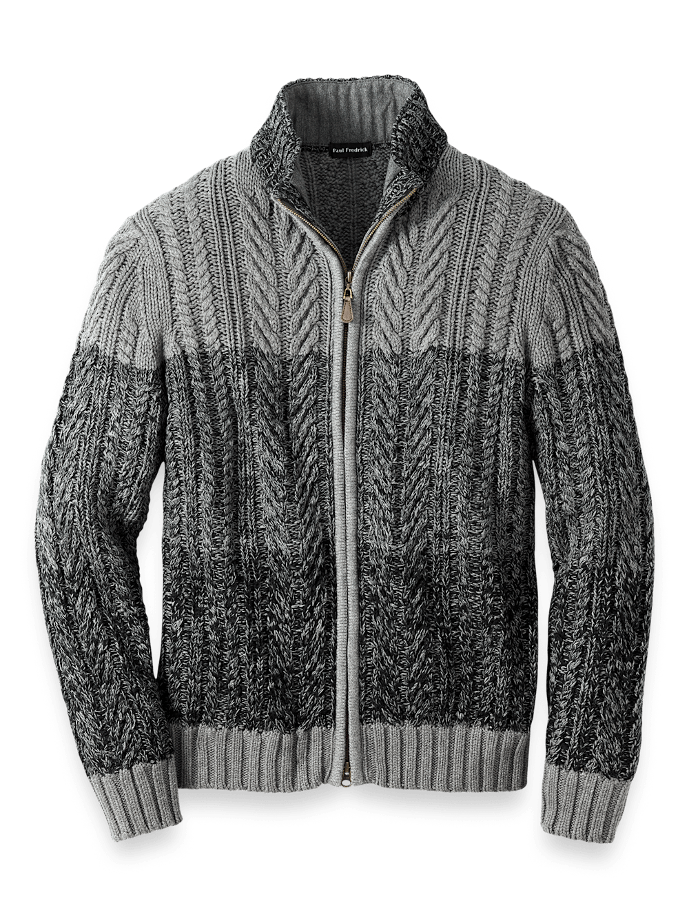 Cotton Cable Full Zip Mock Neck Sweater - Black/grey – Paul Fredrick Cotton Cable Full Zip Mock Neck Sweater - Black/grey – Paul Fredrick