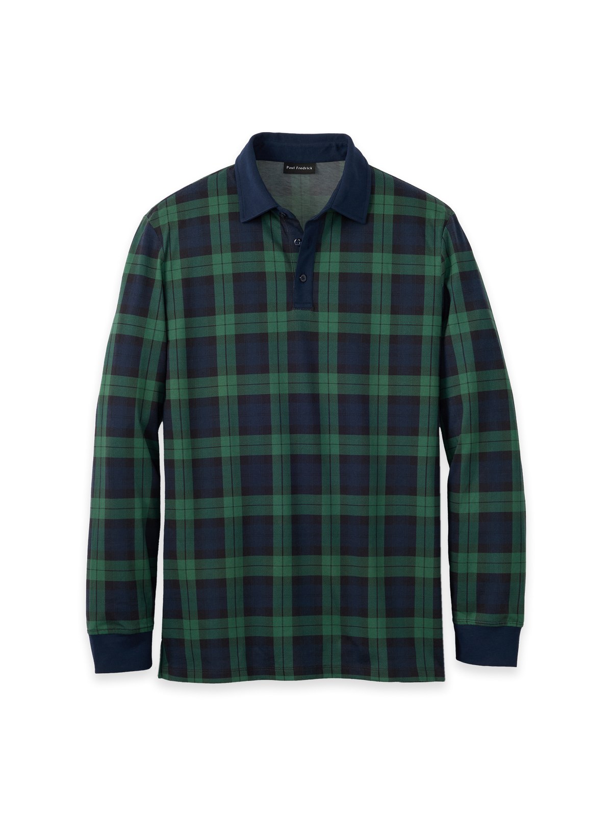 Cotton Jersey Three Button Plaid Polo With Solid Trims - Navy/Green