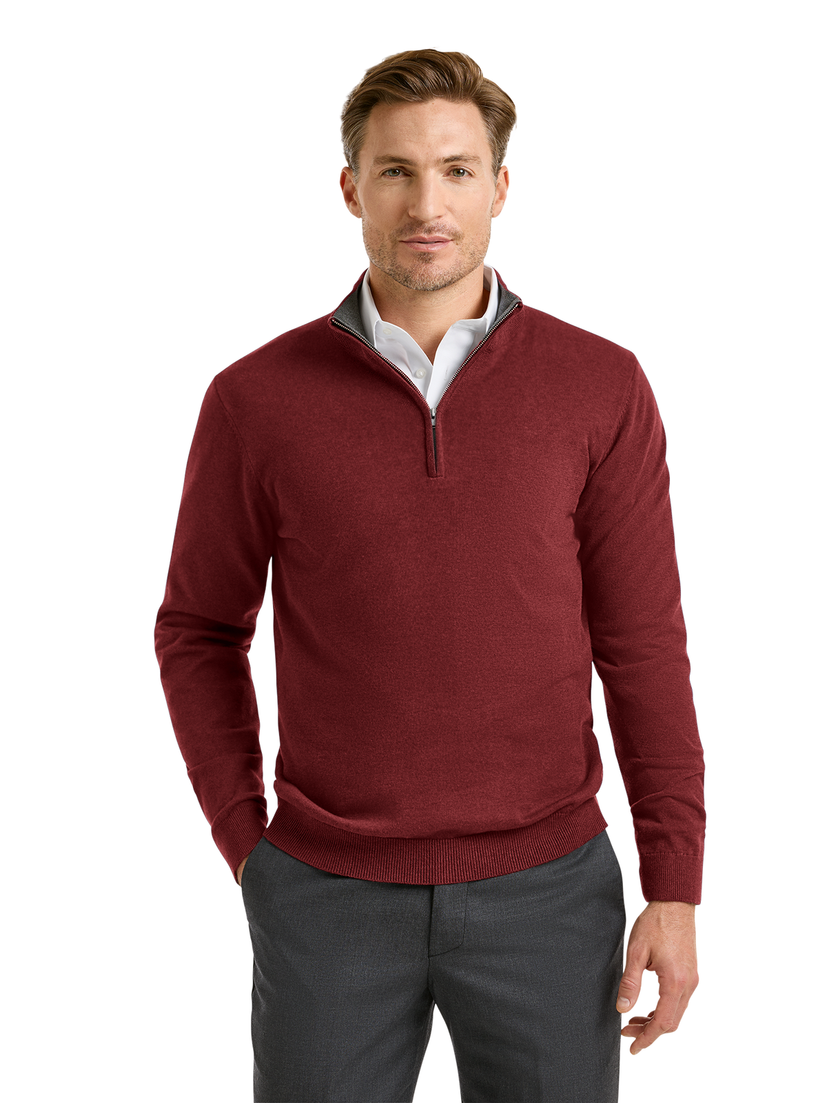 Supima Cotton Quarter Zip Mock Neck Sweater - Burgundy