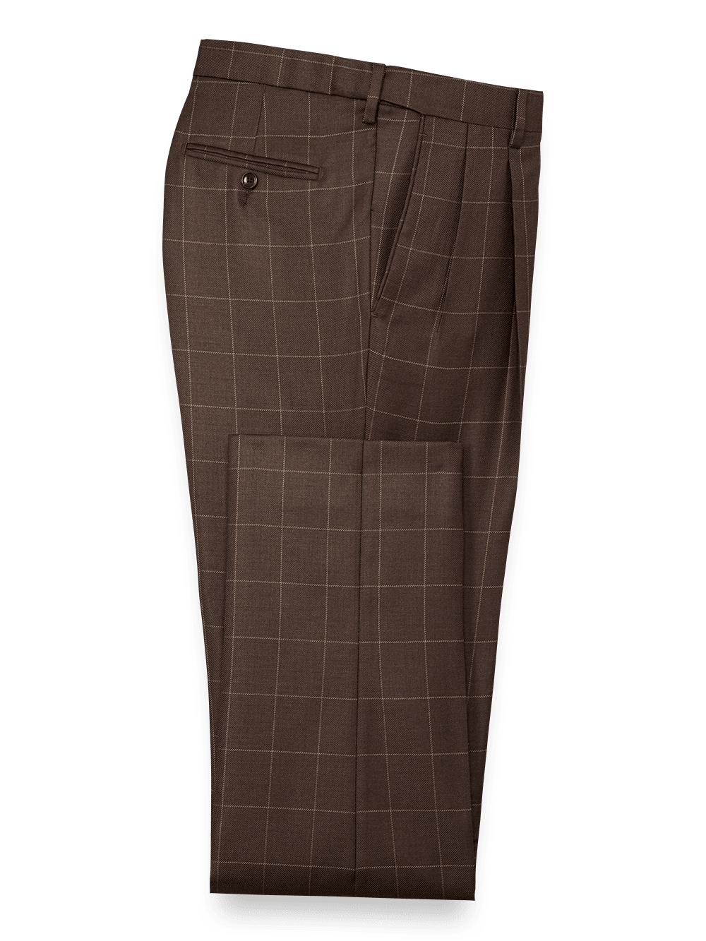 Product Image of Tailored Fit Essential Wool Pleated Pants-Brown Windowpane