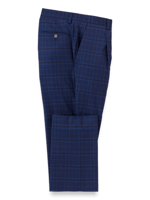 Wool Stretch Plaid Single Pleat Suit Pants - Blue