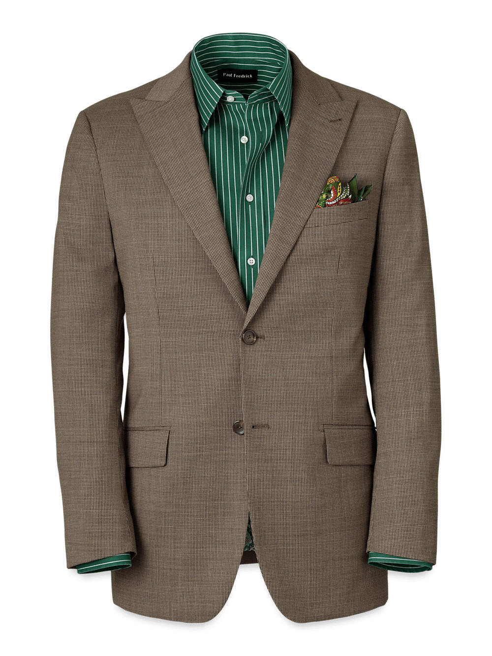 Wool Stretch Micro Check Peak Lapel Suit Jacket - Light Brown Paul Fredrick Wool Stretch Micro Check Peak Lapel Suit Jacket - Light Brown Paul Fredrick