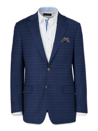 Wool Stretch Plaid Single Breasted Suit Jacket - Blue