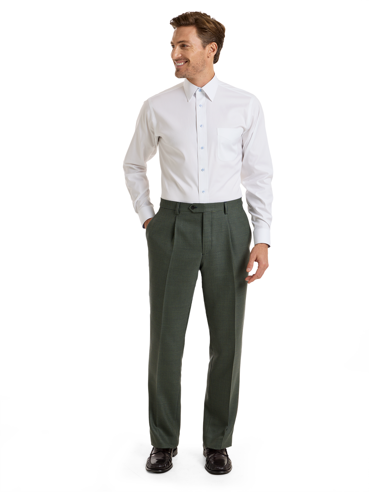 Houndstooth Wool Single Pleat Suit Pants - Green/navy
