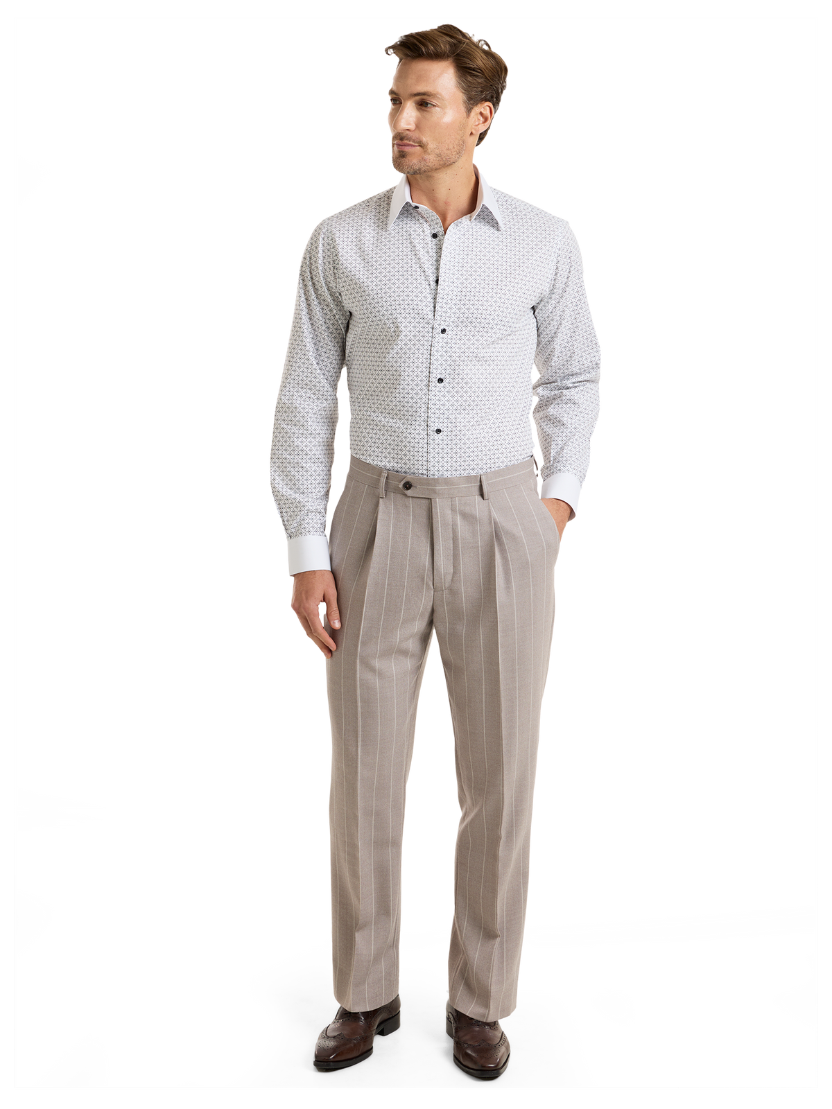 "Kingston Pinstripe" Wool Single Pleat Suit Pants - Taupe