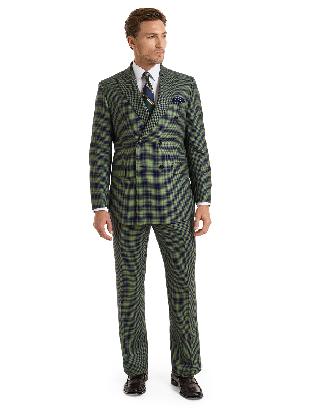 Houndstooth Wool Double Breasted Peak Lapel Suit Jacket - Green/navy
