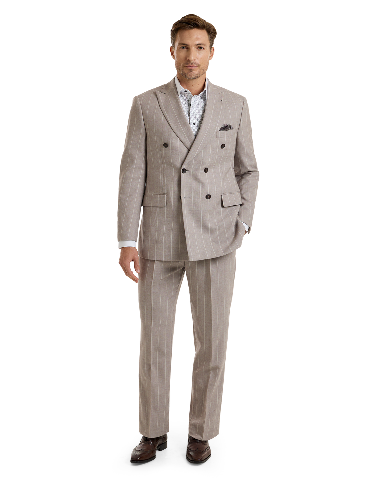 "Kingston Pinstripe" Double Breasted Peak Lapel Suit Jacket - Taupe