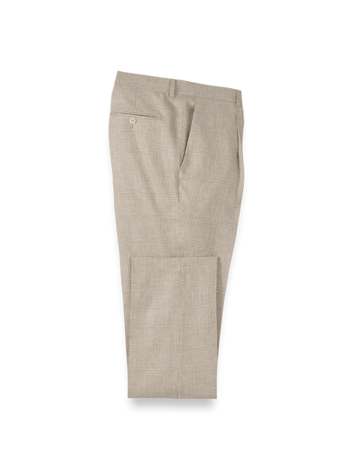 Linen Blend Plaid Single Pleat Suit Pants - Tan