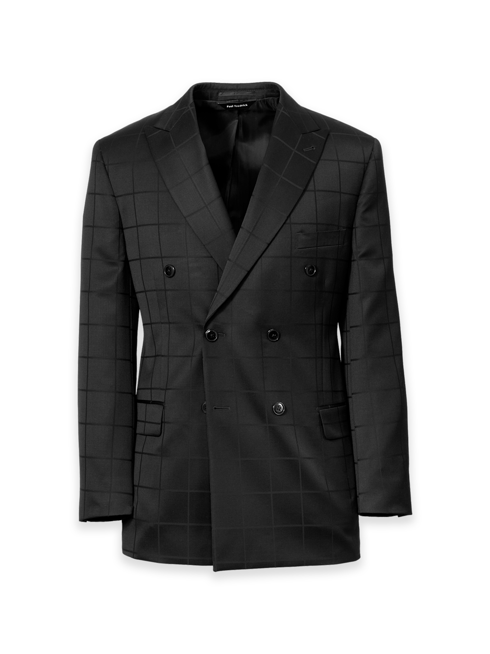 Black Wool Windowpane Double Breasted Peak Lapel Suit Jacket