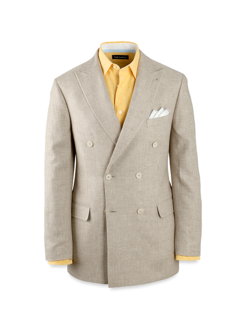 Linen Blend Plaid Double Breasted Peak Lapel Suit Jacket - Tan