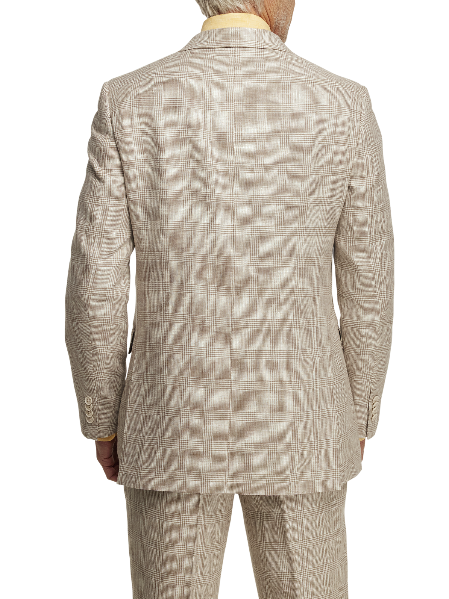 Linen Blend Plaid Double Breasted Peak Lapel Suit Jacket - Tan