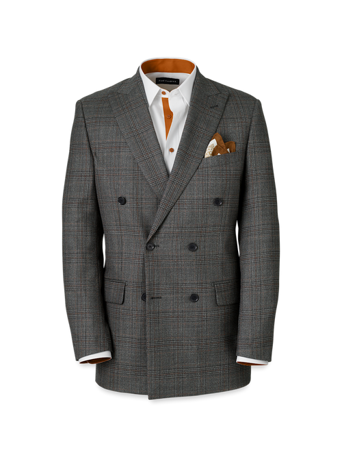 Wool Plaid Double Breasted Peak Lapel Suit Jacket - Charcoal