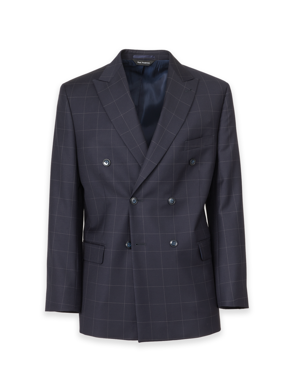 Navy Wool Windowpane Double Breasted Peak Lapel Suit Jacket - Navy