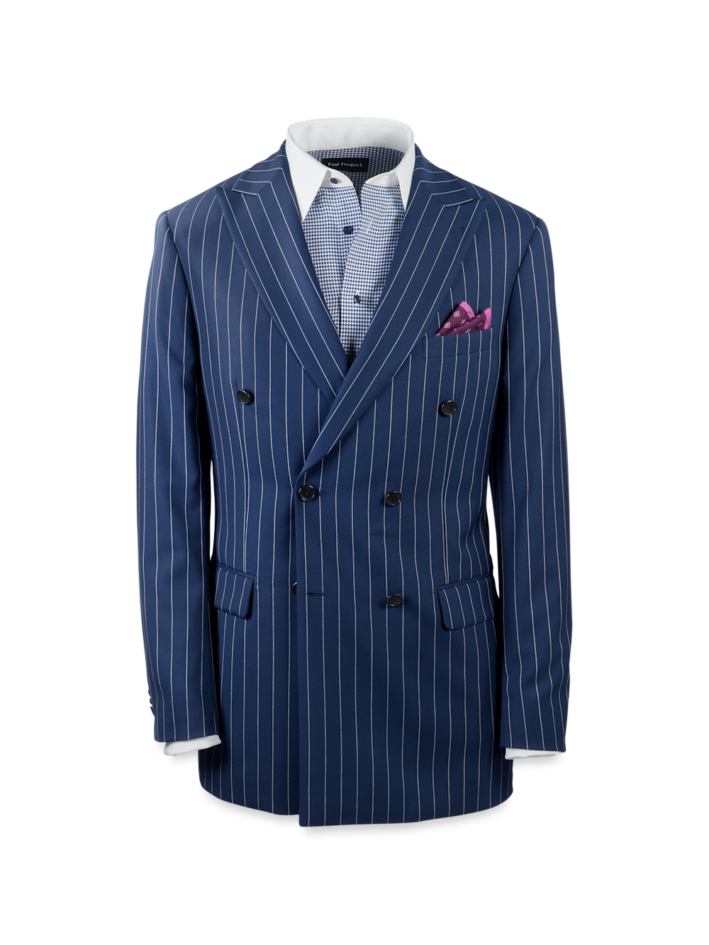 Wool Stretch Stripe Double Breasted Peak Lapel Suit Jacket - Blue Paul Fredrick Wool Stretch Stripe Double Breasted Peak Lapel Suit Jacket - Blue Paul Fredrick