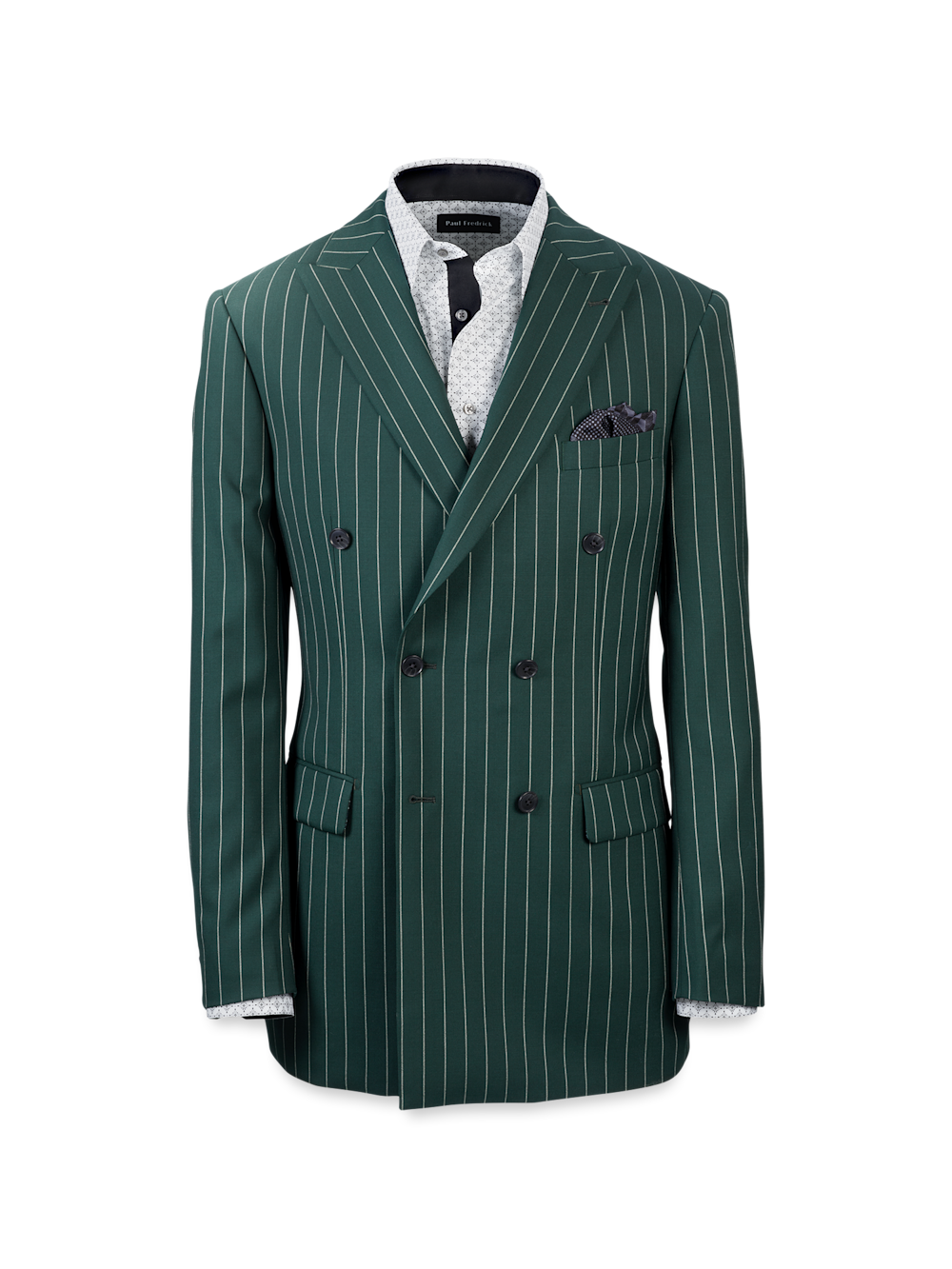 Product Image of Wool Stretch Stripe Double Breasted Peak Lapel Suit Jacket-Dark Green