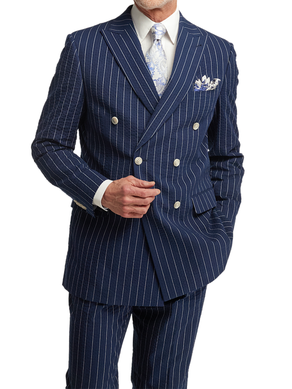 Alternate Image of Cotton Stretch Pinstripe Seersucker Double Breasted Peak Lapel Suit Jacket-1