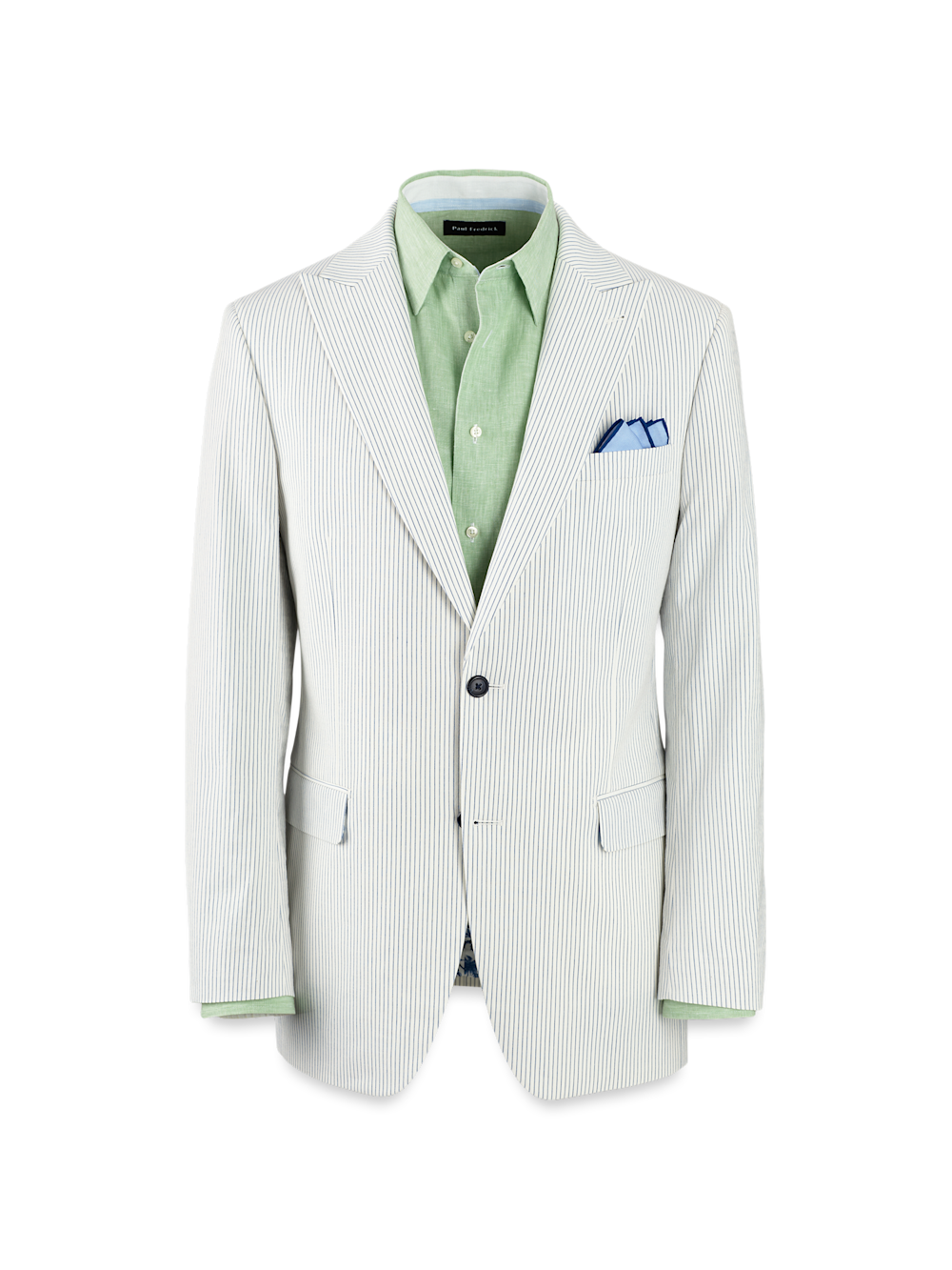 Product Image of Cotton Stretch Stripe Seersucker Single Breasted Peak Lapel Suit Jacket-White/Blue