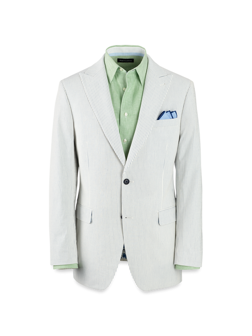 Cotton Stretch Stripe Seersucker Single Breasted Peak Lapel Suit Jacket - White/blue