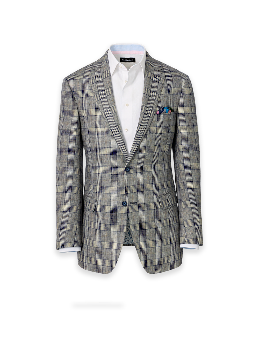 Product Image of Plaid Linen Single Breasted Notch Lapel Suit Jacket-Tan/Blue Plaid