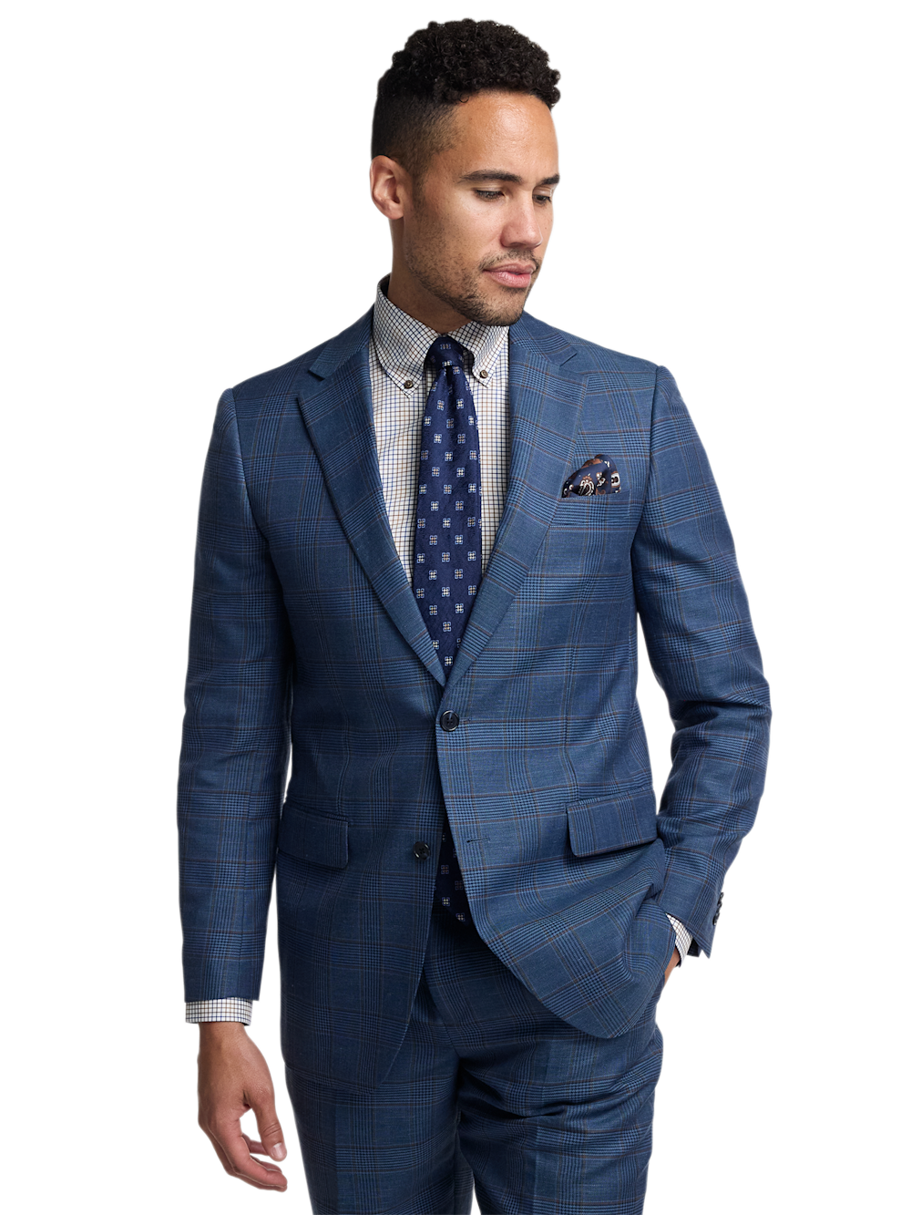 Alternate Image of Blue/tan Wool Blend Plaid Single Breasted Notch Lapel Suit Jacket-1
