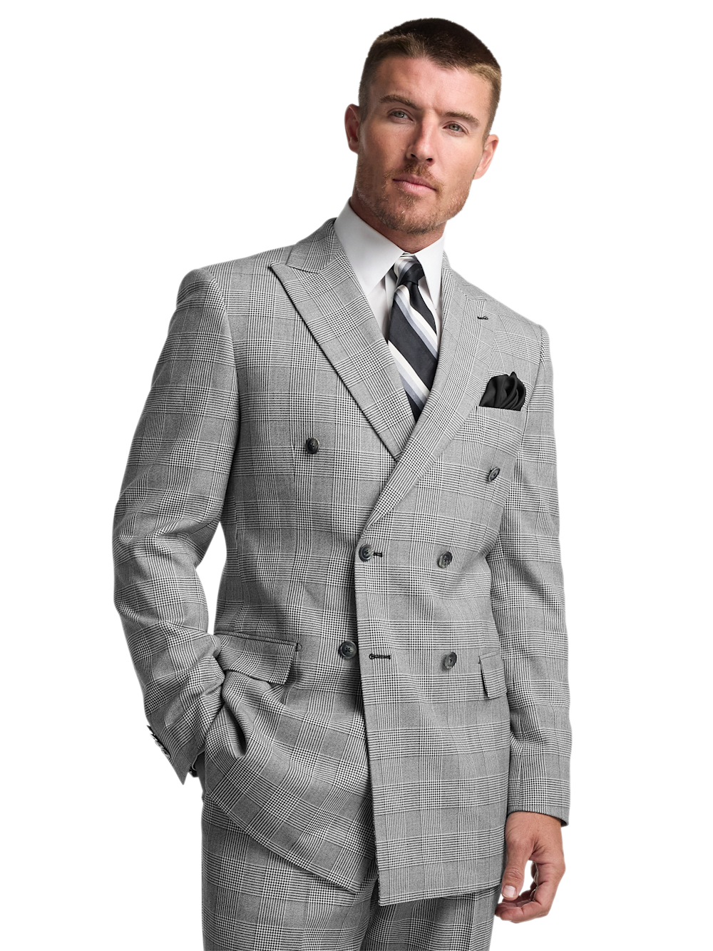 Alternate Image of Black/white Plaid Houndstooth Double Breasted Peak Lapel Suit Jacket-1