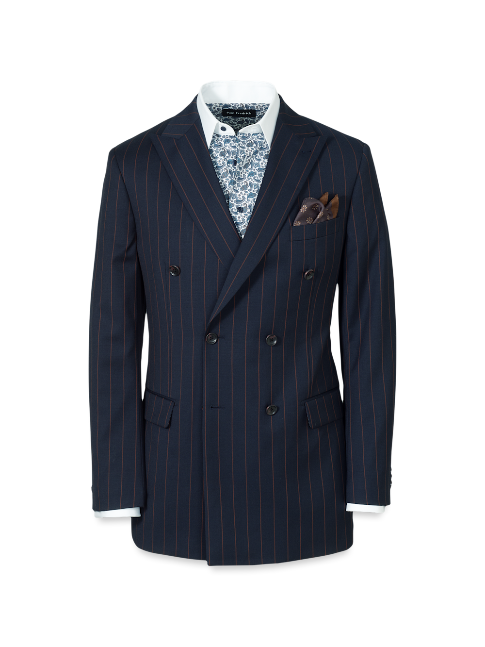 Navy/Brown Wool Stripe Double Breasted Peak Lapel Suit Jacket