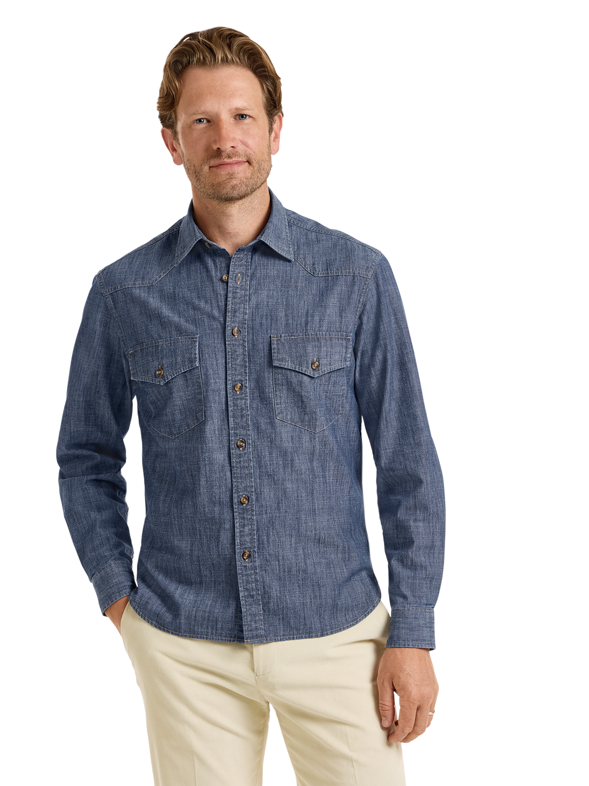 Fleetwood Denim Solid Western Shirt - Denim Blue