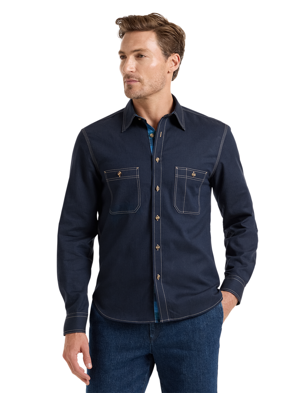 Alternate Image of Cotton Solid Herringbone Point Collar Casual Shirt-1