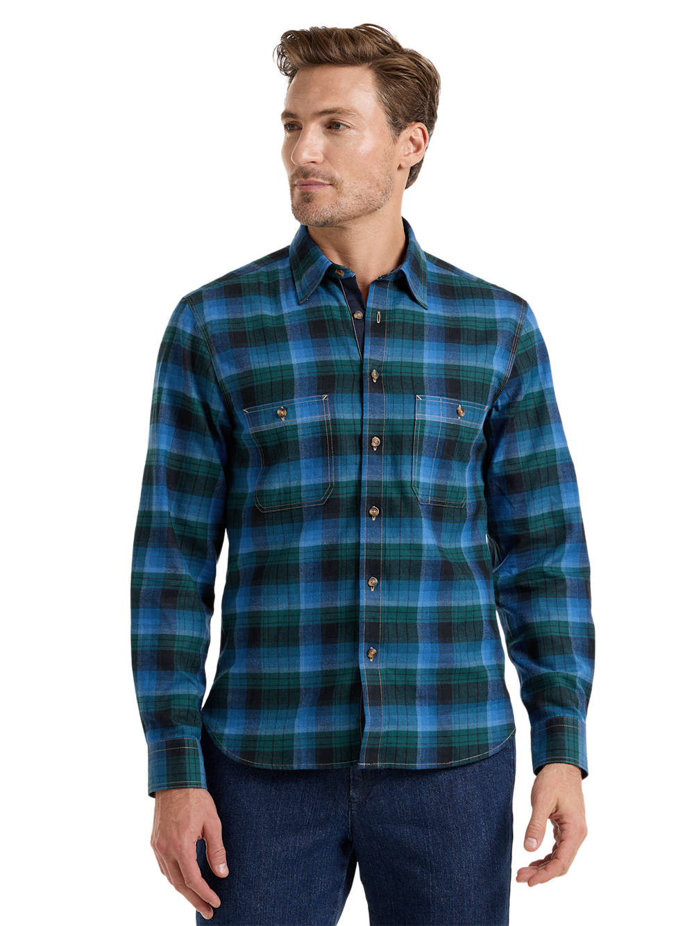 Alternate Image of Cotton Flannel Plaid Point Collar Casual Shirt-1