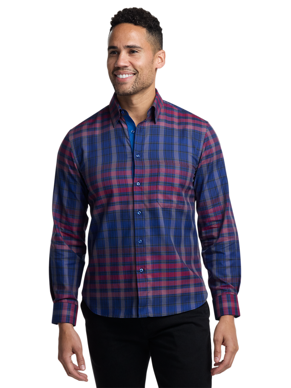 Alternate Image of Cotton Plaid Point Collar Casual Shirt-1