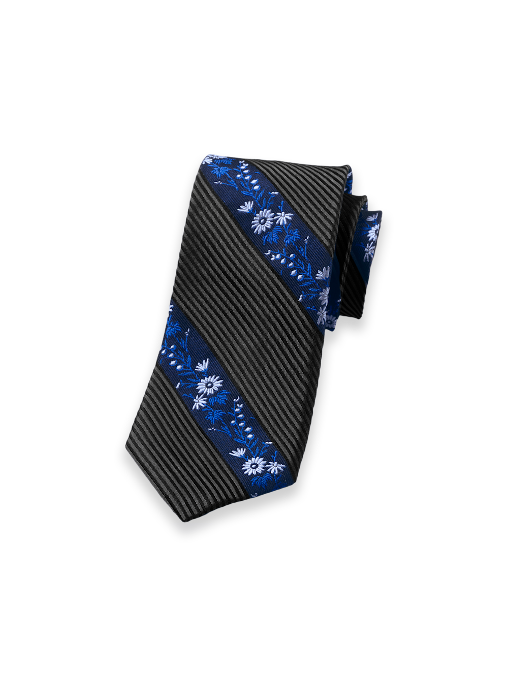 Product Image of Stripe/floral Woven Silk Tie-Black/Blue