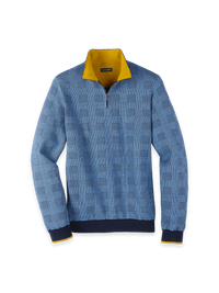 Cotton Quarter Zip Mock Neck Sweater - Blue/gold