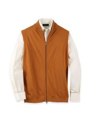 Cotton Full Zip Mock Neck Vest - Cognac