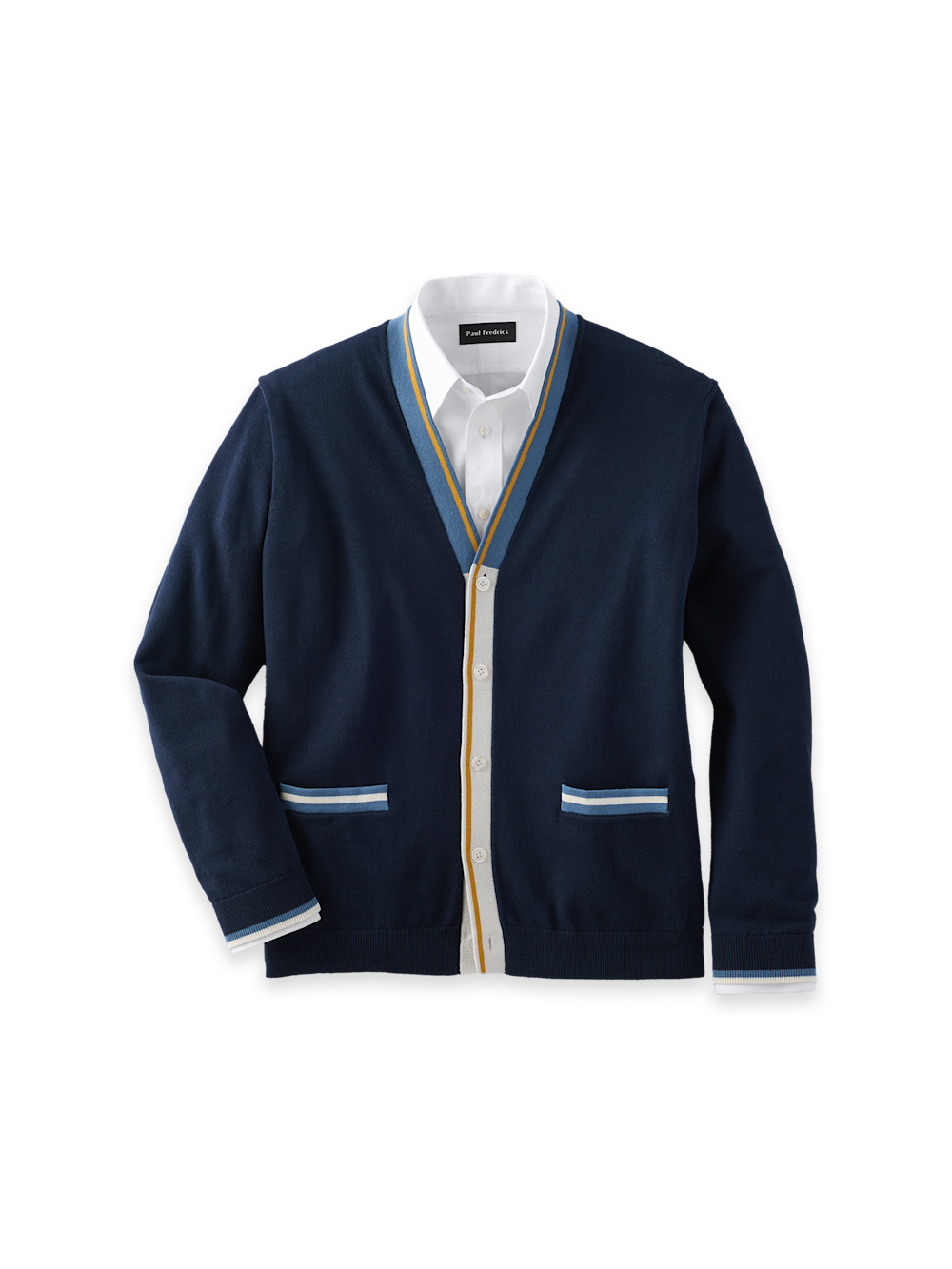 Product Image of Cotton Button Front Cardigan Sweater-Navy/Gold
