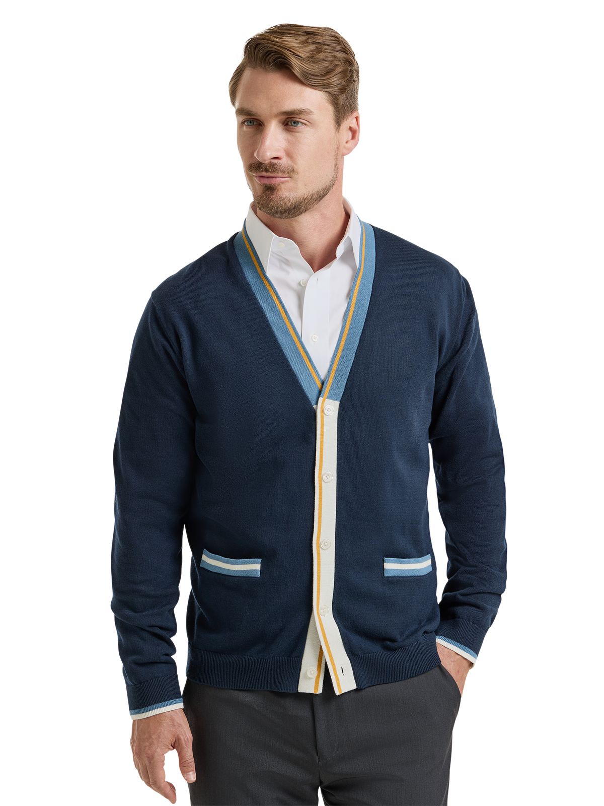 Cotton Button Front Cardigan Sweater - Navy/gold