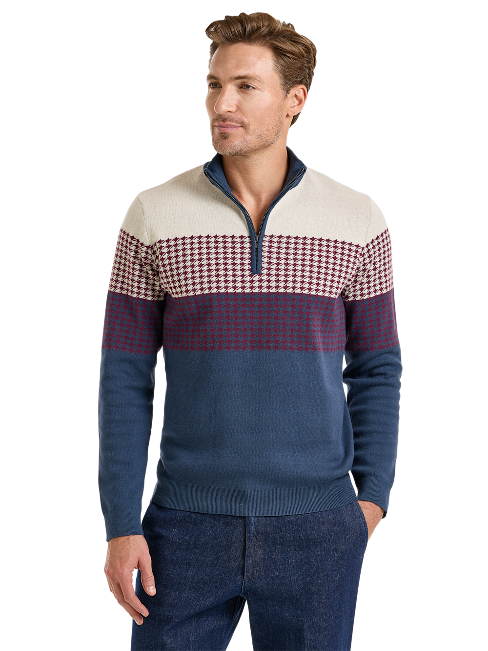 Alternate Image of Cotton Houndstooth Quarter Zip Mockneck Sweater-1