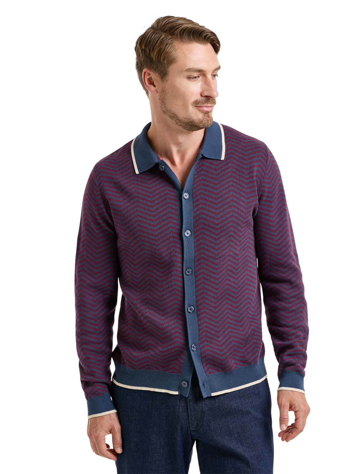 Cotton Button Front Polo - Navy/burgundy