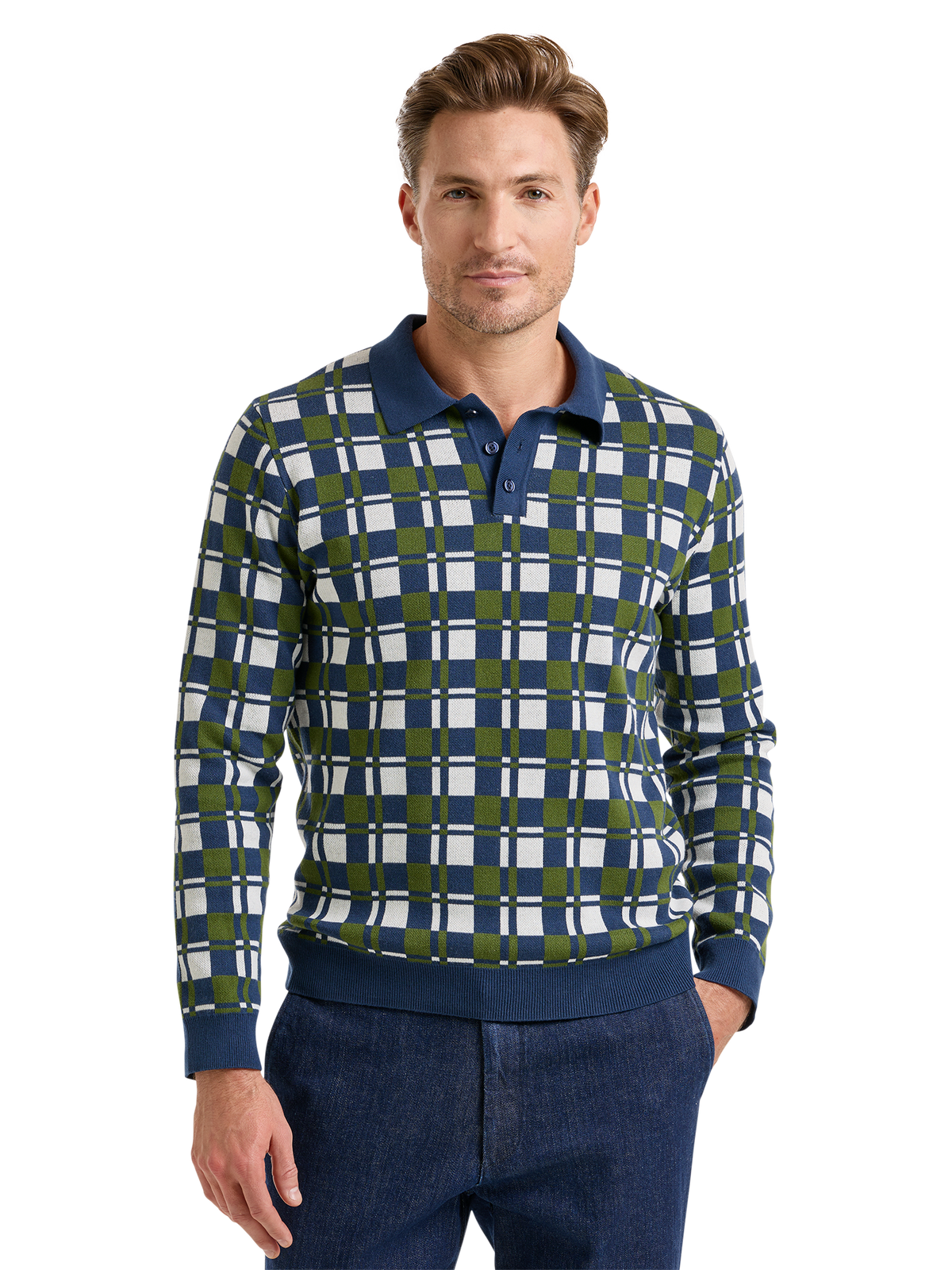 Cotton Three Button Polo - Navy/green