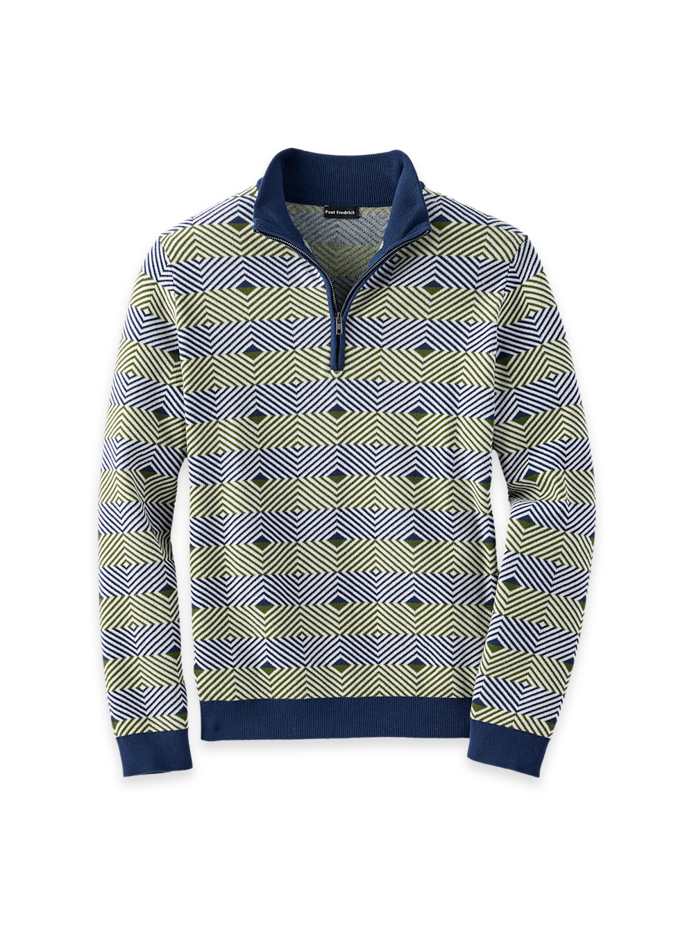 Product Image of Cotton Geometric Quarter Zip Mockneck Sweater-Navy/Green