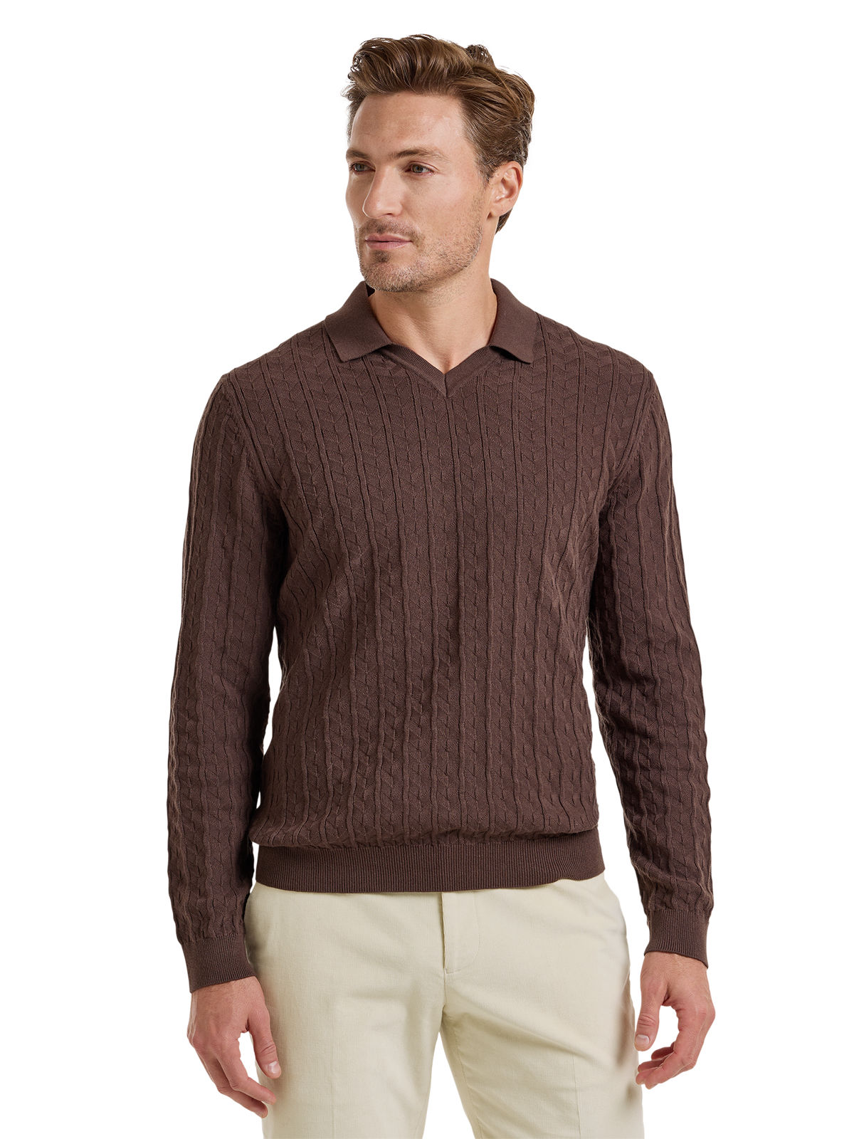Cotton Johnny Collar Sweater - Brown