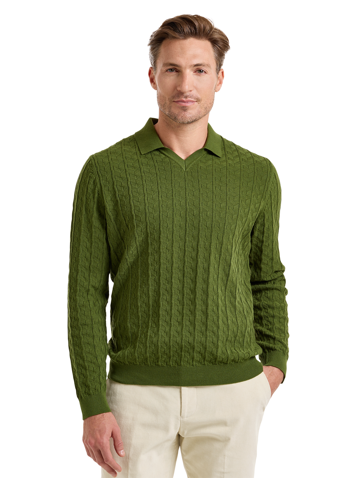 Cotton Johnny Collar Sweater - Olive