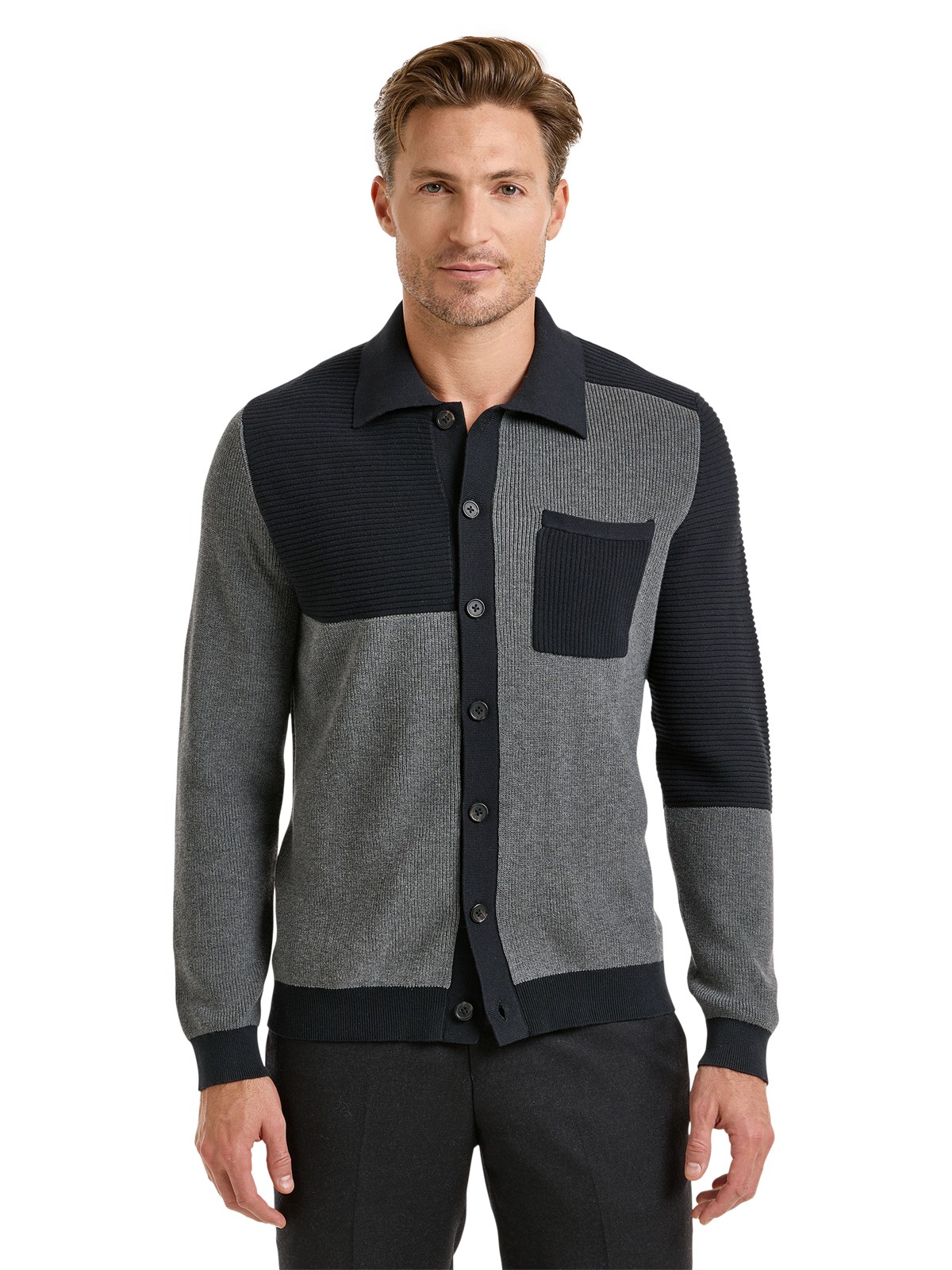 Cotton Button Front Polo - Black/grey