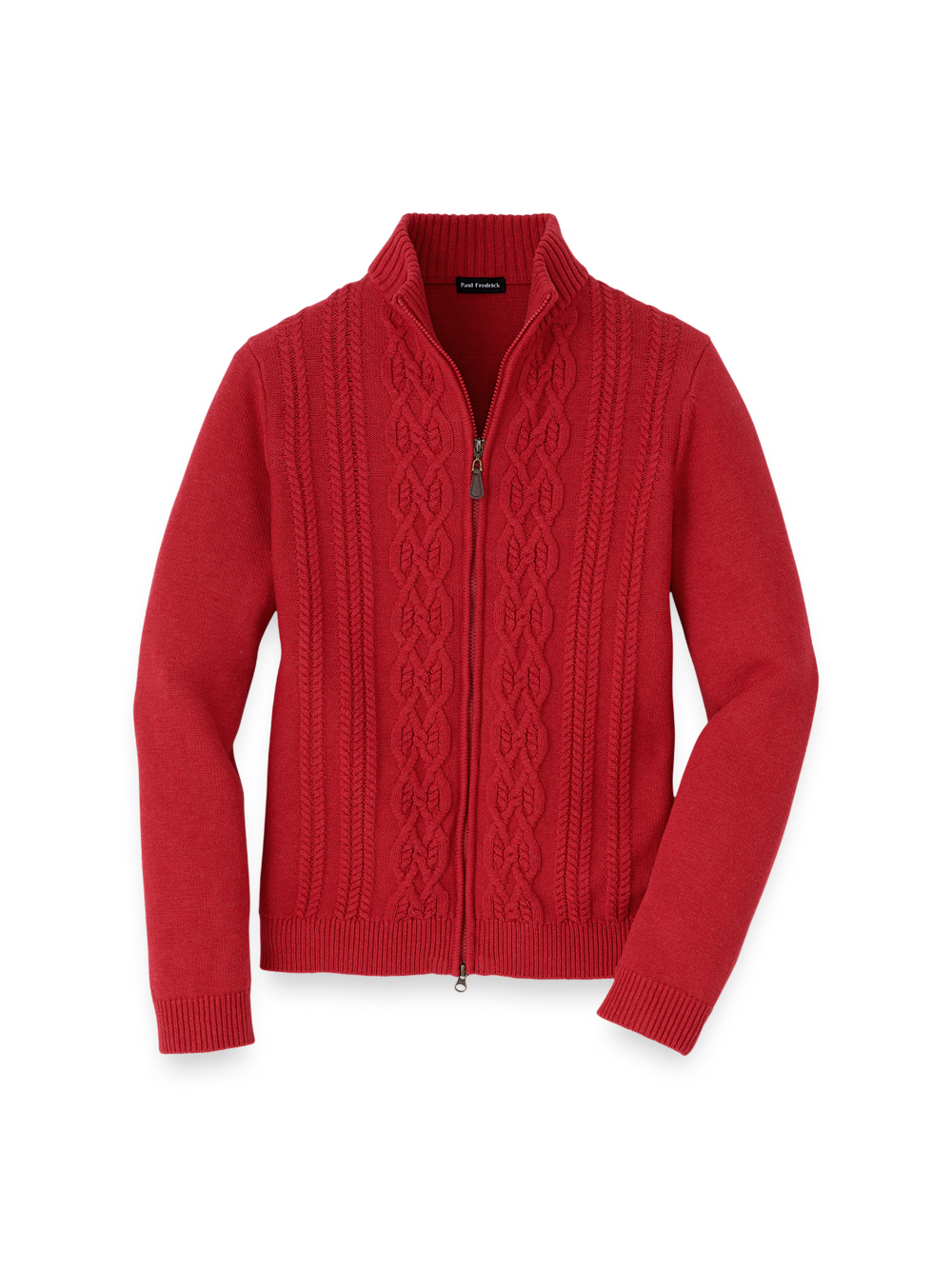 Cotton Cable Full Zip Mock Neck Sweater - Red – Paul Fredrick