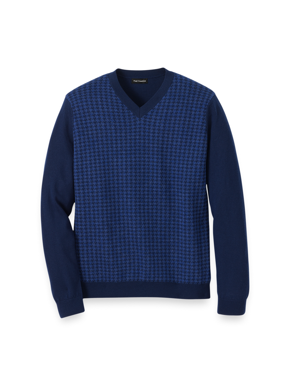 Washable Merino Wool Houndstooth V-neck Sweater - Blue – Paul Fredrick Washable Merino Wool Houndstooth V-neck Sweater - Blue – Paul Fredrick