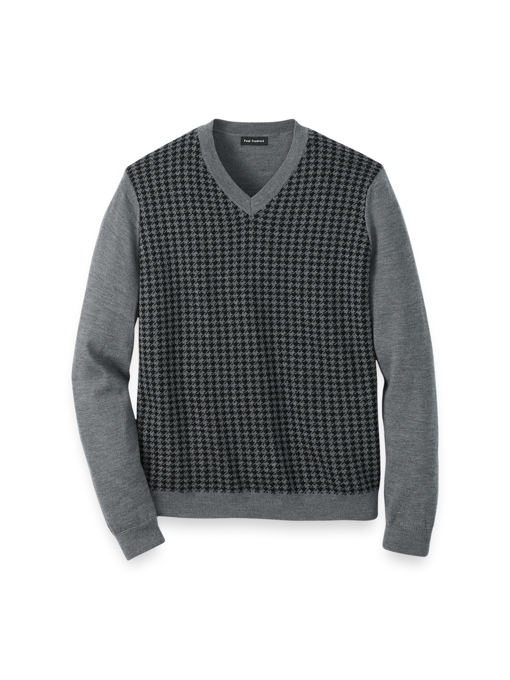 Washable Merino Wool Houndstooth V-neck Sweater - Black/grey