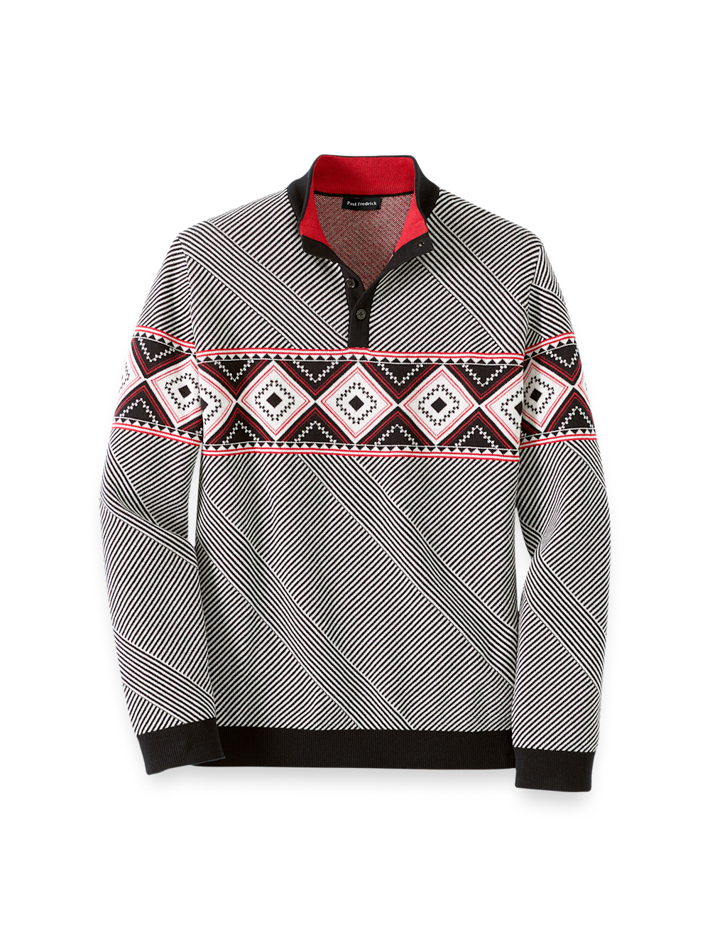Cotton 4-button Mock Neck Sweater - Black/red – Paul Fredrick