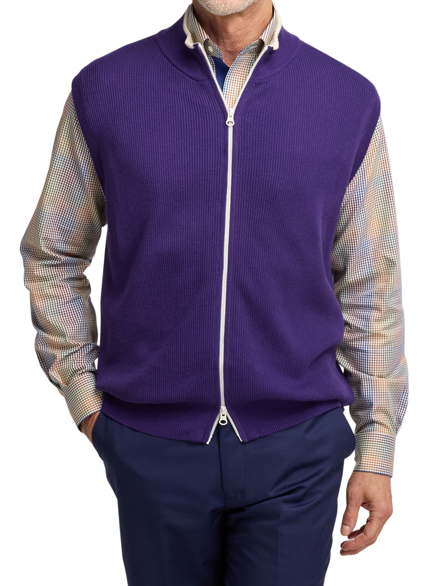 Cotton Full Zip Mock Neck Vest - Purple