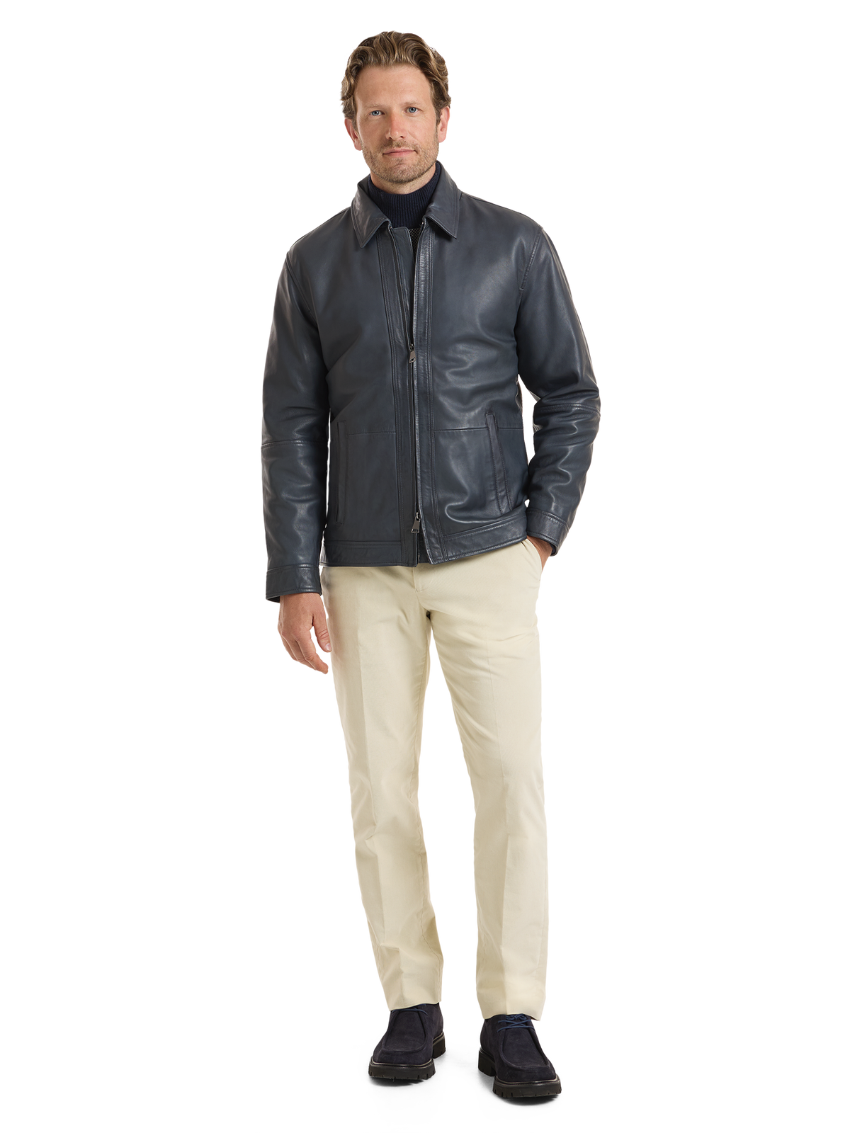 Leather Bomber Jacket - Navy