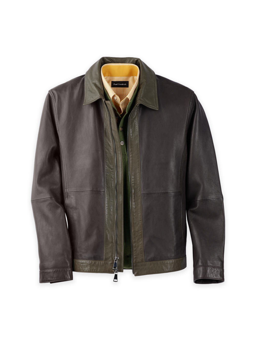 Leather Color Block Jacket - Dark Brown/olive – Paul Fredrick
